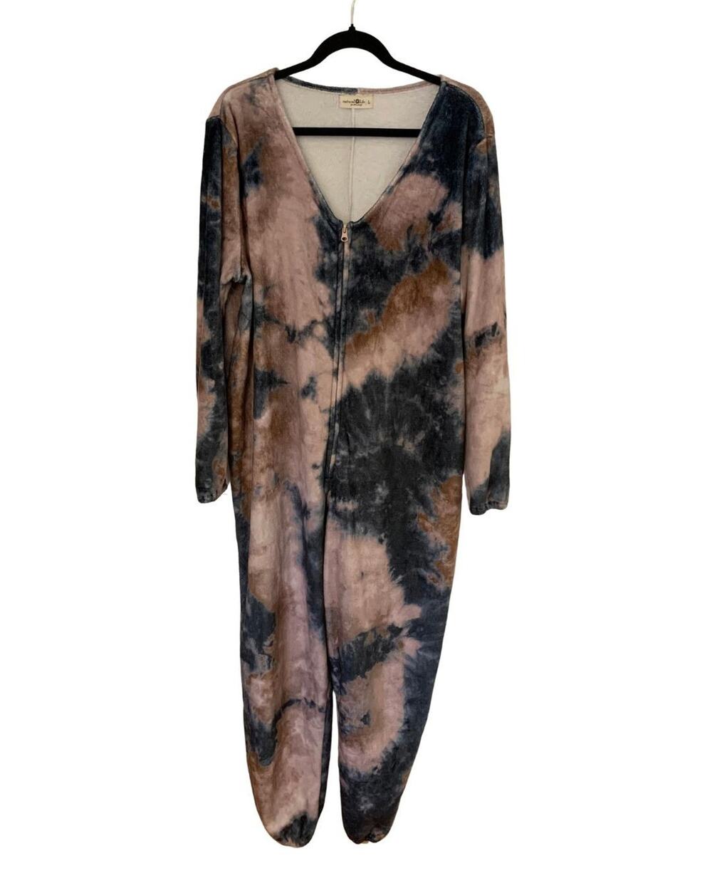 Natural Life Womens One Piece Pajama Size L Beige Blue Cozy Loungewear Winter